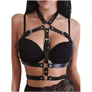 Women Black Punk Leather Harness Belt Fashion Chest Harness Body Chain B…